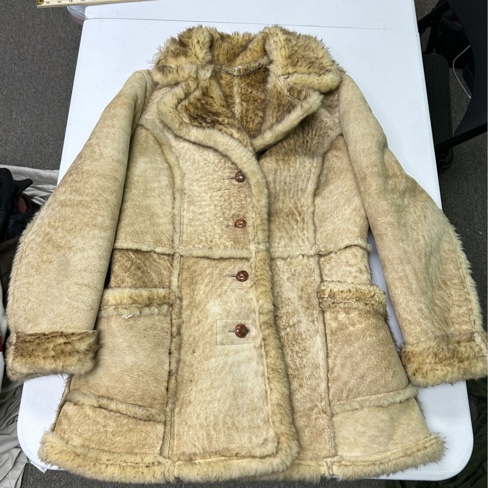 Excelled Leather Coat Women 14 Tan Faux Fur Trim Shearling Style Vintage USA H1